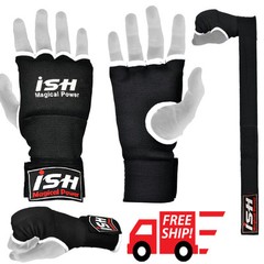 Black Gel Padded Inner Gloves Foam with Hand wraps Muay Thai MMA Boxing Bandages