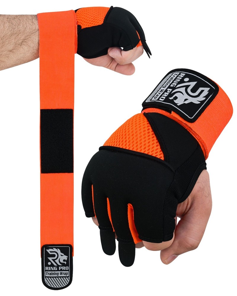 RING PRO Elite Gel Quick Wraps Black/Orange Boxing Inner Gloves Wrist Support