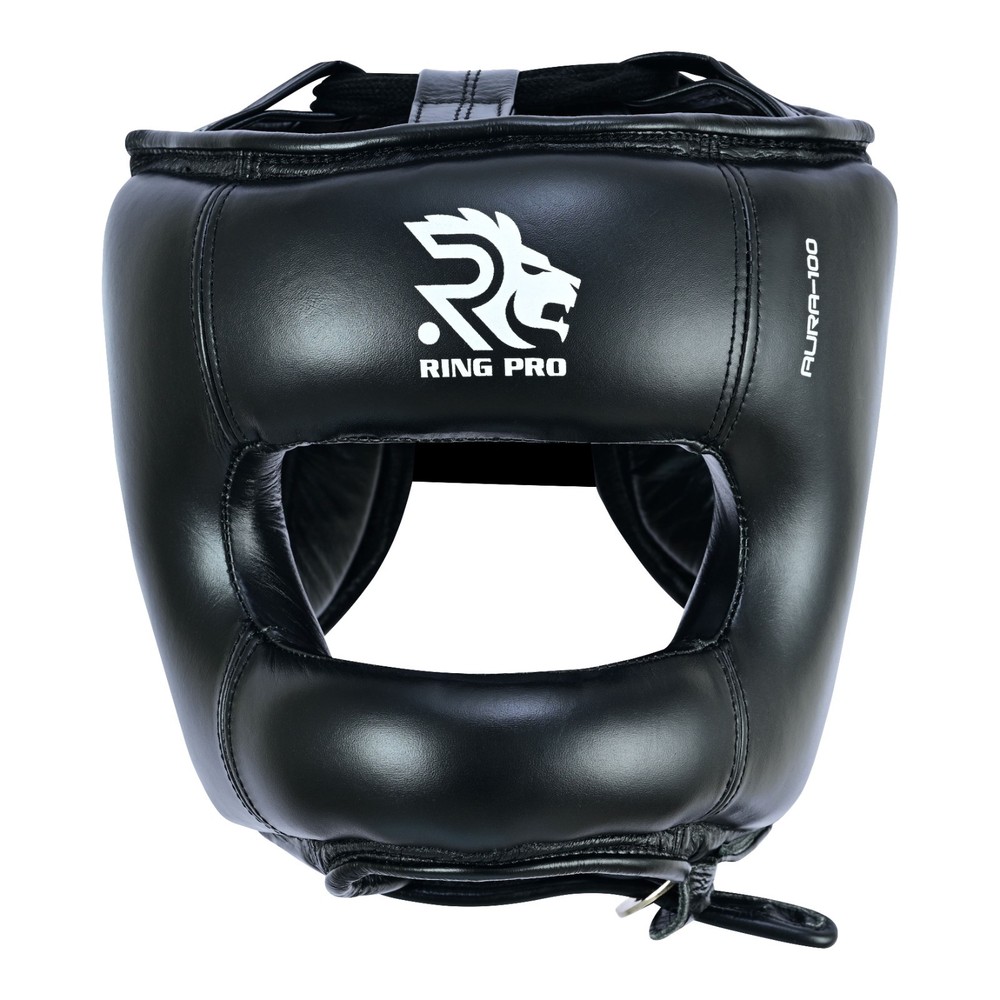 RING PRO Aura 100 Leather Boxing Headgear MMA Sparring Helmet Black S-XL