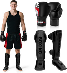 Kickboxing Shin Guards & 16 OZ Gloves Set for MMA Training & Protection