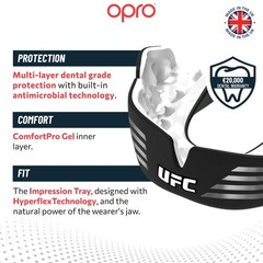 OPRO Instant Custom-Fit Mouth Guard, Adult (10+), Ufc Strike – Silver/Black
