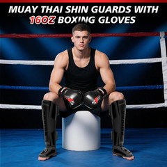 Kickboxing Shin Guards Muay Thai Shin Pads with 16 OZ Boxing Gloves, Adjustab…