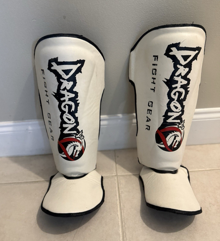 Dragon Fight Gear Shin Guards Pair L/XL – w/ Foot Protection White Black Red