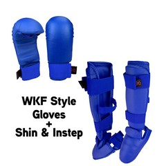 Blue WKF Style Karate Gloves and Shin Instep Gear Competition Tournament Set