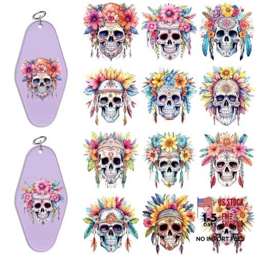 24PCS UV DTF Wraps for Motel Keychain,Skull UV DTF Wrap Smooth and Boho Floral
