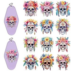 24PCS UV DTF Wraps for Motel Keychain,Skull UV DTF Wrap Smooth and Boho Floral