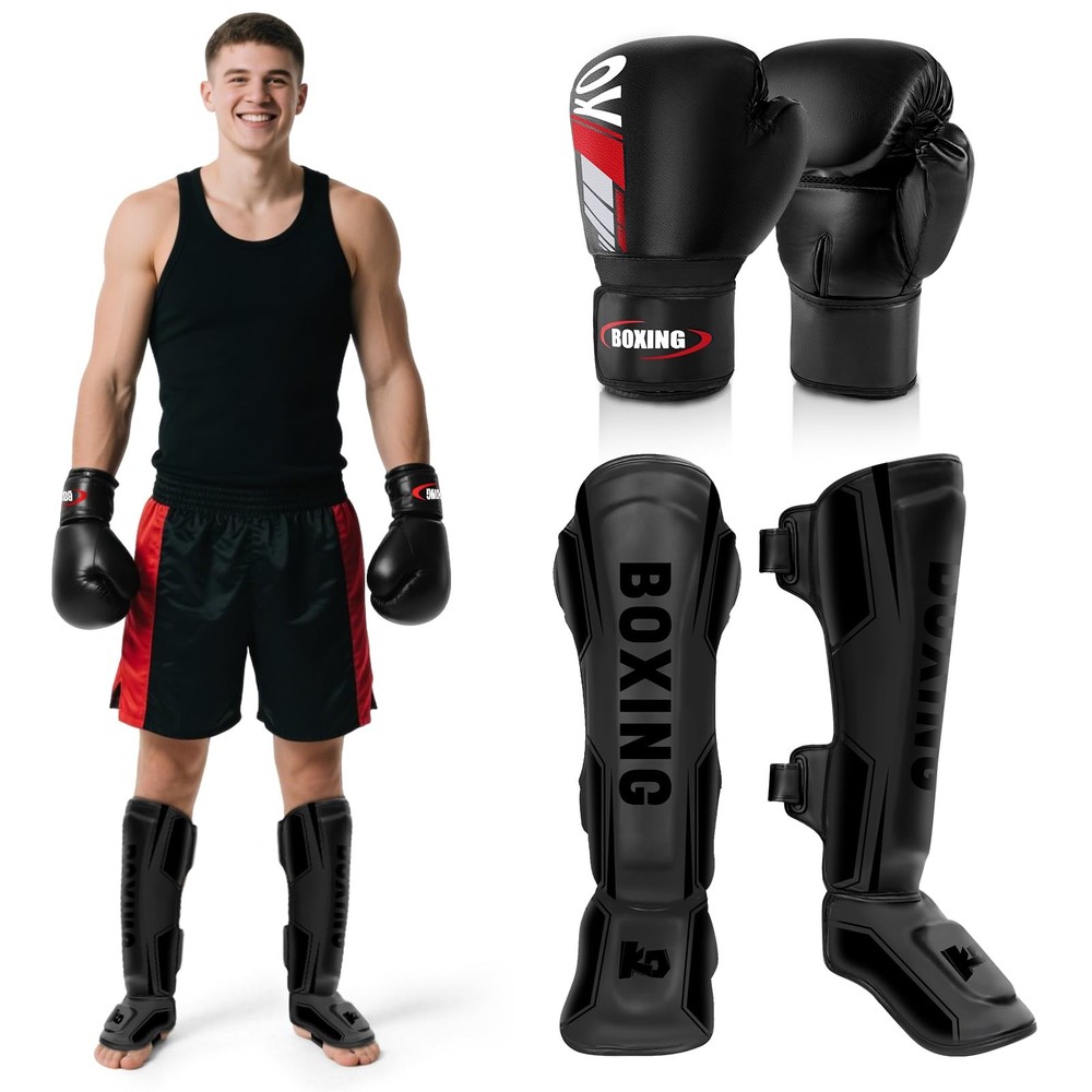 Kickboxing Shin Guards Muay Thai Shin Pads with 16 OZ Boxing Gloves, Adjustab…