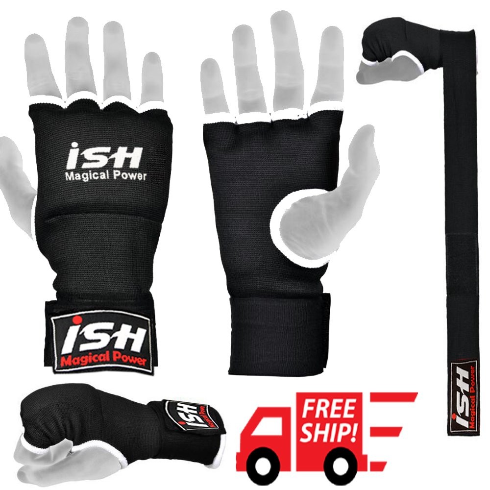 ISH Sports Gel Inner Gloves with Wraps Padded MMA Boxing Large,XL, Black