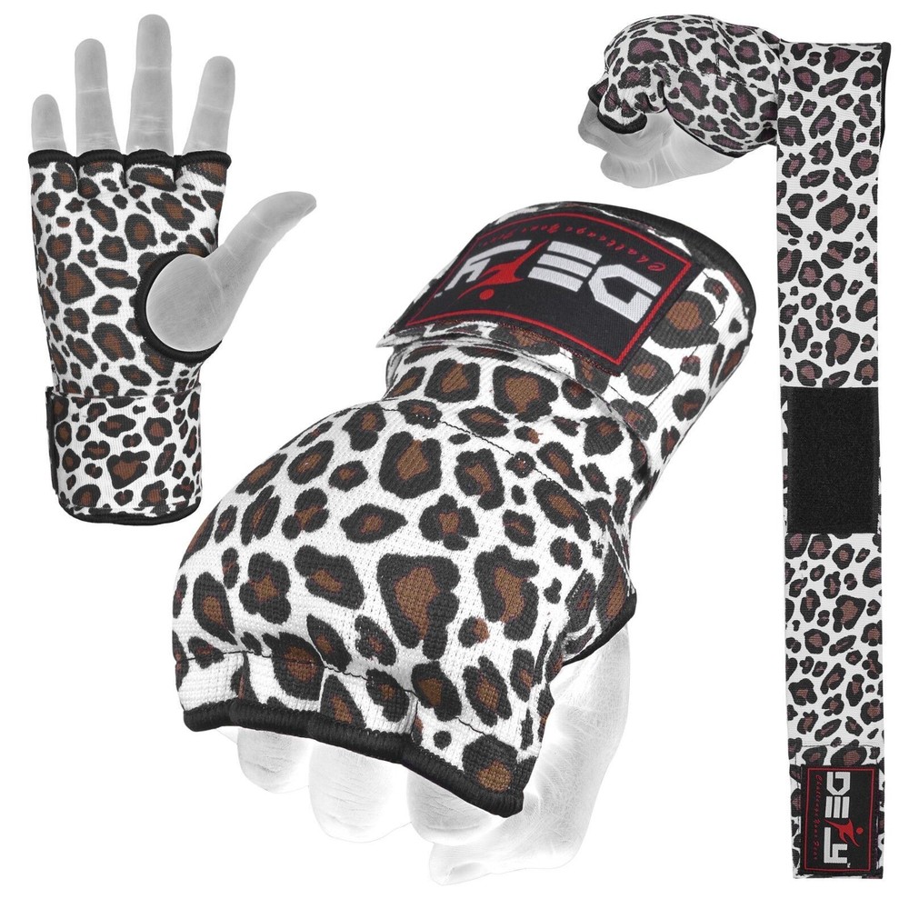 Gel Padded Inner Gloves with Hand Wraps MMA Muay Thai Boxing Bandage Leopard