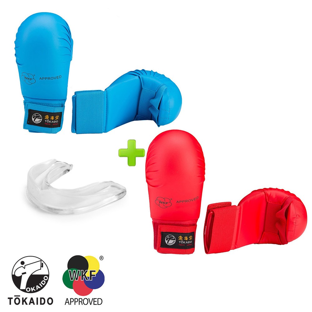 Set of Tokaido Red & Blue Karate WKF Karate Competition Gloves w/ Mouthguard.