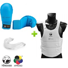 Blue Tokaido Karate WKF Competition Gloves & Body Protector w/ Mouthguard.