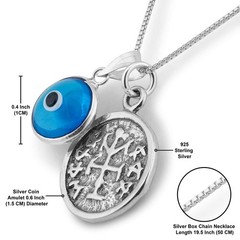 Winning & Winners Silver Coin Charm Necklace – 20″ Box Chain with Blue Evil E…