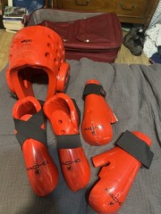 Macho Martial Arts 5pc Red Sparring Gear Set – Headgear Foot Guards & Gloves