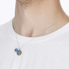 Winning & Winners Silver Coin Charm Necklace – 20″ Box Chain with Blue Evil E…