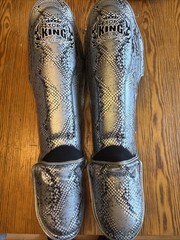 Top King Muay Thai Shin Guards Snake Skin Silver Kickboxing MMA Pads 21″