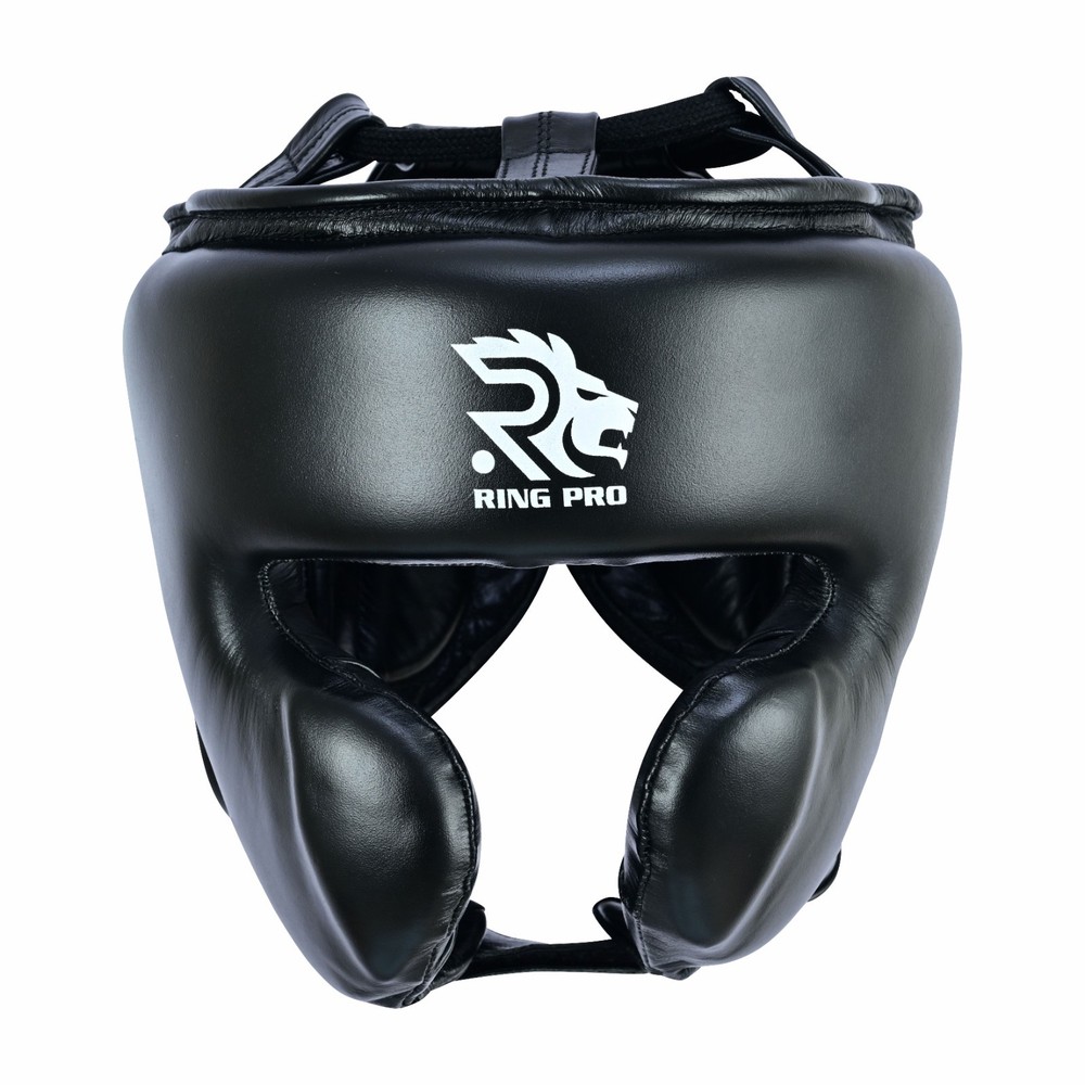 Ring Pro Leather Boxing Headgear Lace-Up MMA Muay Thai Sparring Black