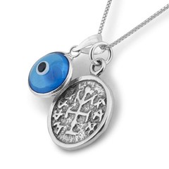 Winning & Winners Silver Coin Charm Necklace – 20″ Box Chain with Blue Evil E…