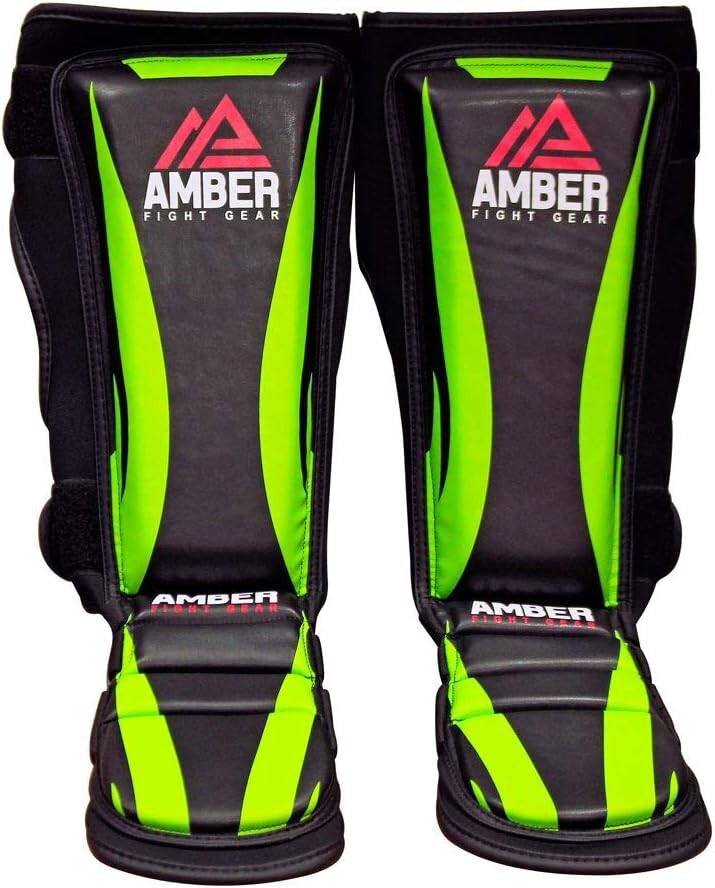 Amber Ultimate Shield Muay Thai Shin & Instep Guards, 100% Hi-Tec Skintex Leathe