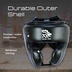 Ring Pro Boxing Headgear Leather Black Lace Up MMA Sparring Training Head Guard