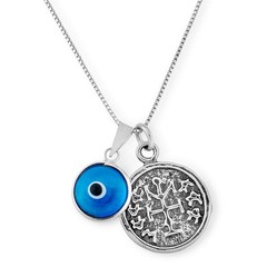 Winning & Winners Silver Coin Charm Necklace – 20″ Box Chain with Blue Evil E…