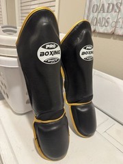 Pro Boxing Sports Muay Thai Leather Shin and Foot Guard Set Black/Gold Size XS
