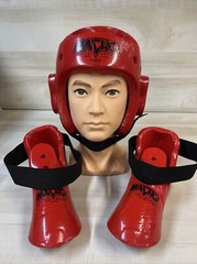 Macho Red Adult Headgear Head Protector & Shoe MMA Taekwondo Judo Karate EUC USA