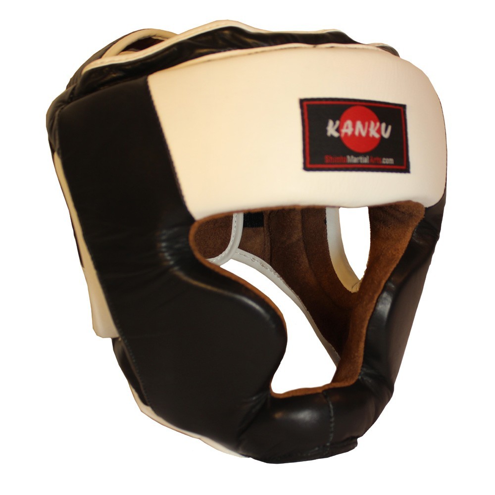 KANKU Full Face Black & White LEATHER Boxing Head Guard, Sparring, MMA Headgear