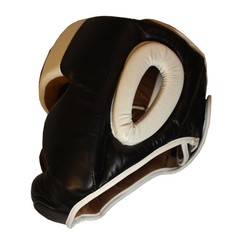 KANKU Full Face Black & White LEATHER Boxing Head Guard, Sparring, MMA Headgear