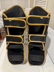 Pro Boxing Sports Muay Thai Leather Shin and Foot Guard Set Black/Gold Size XS